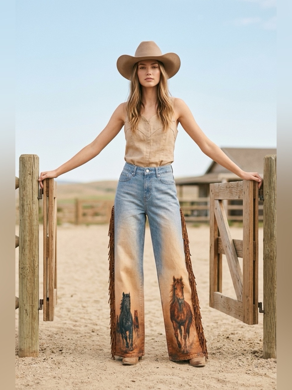 BNWT Western Brown & Black Horse Print Fringe Wide Leg Jeans